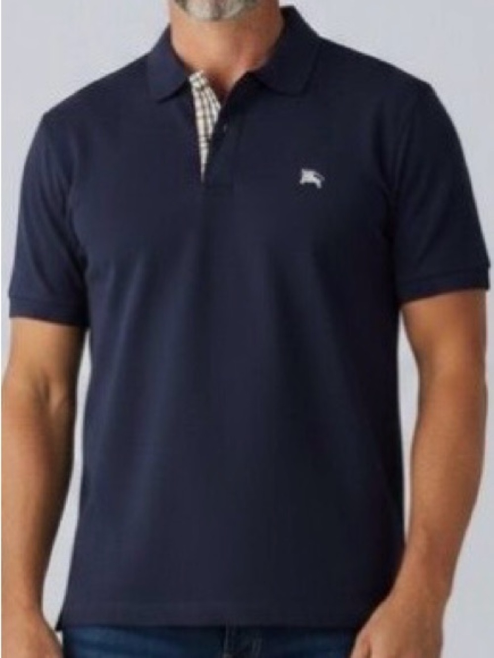 Men's Burberry Navy Polo Shirt with Contrast Placket - XL